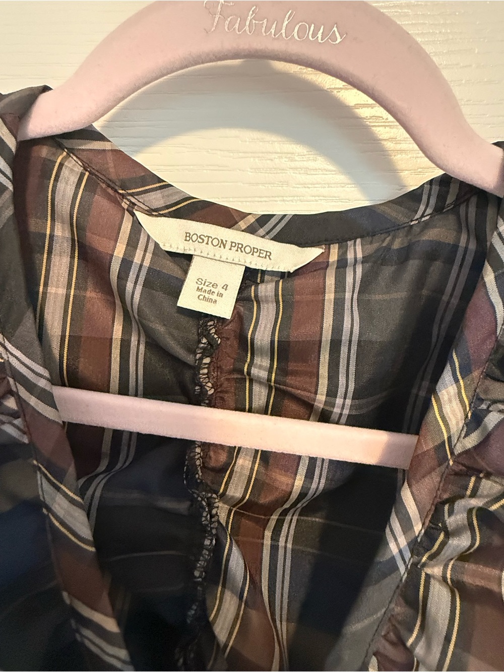 Boston Proper Ruffled Plaid Sleeveless Blouse in Brown & Navy - Picture 2 of 3